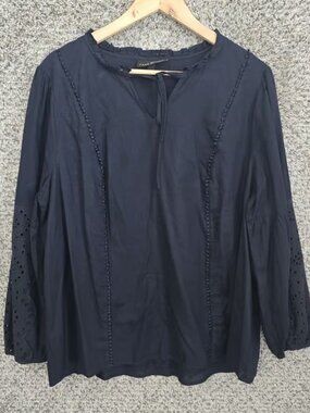 Lane Bryant Top Womens Plus 16 Navy Blue V Neck Blouse Neck Tie Ruffle Casual